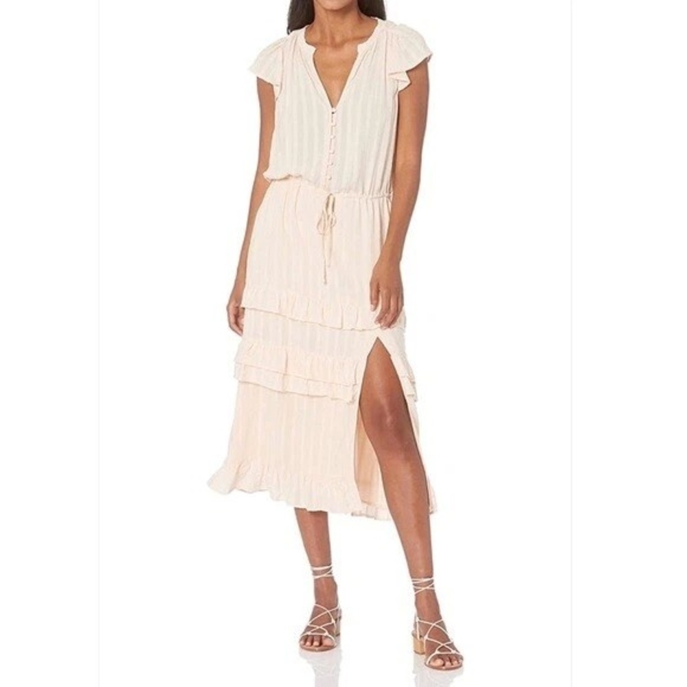 NWT PAIGE Illyria Split Neck Tiered Ruffle Midi‎ Dress size XXS Cream Tan Blush